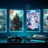 Coleção de capas holográficas dos games de setembro de 2026 flutuando sobre mesa escura com luz ciano
