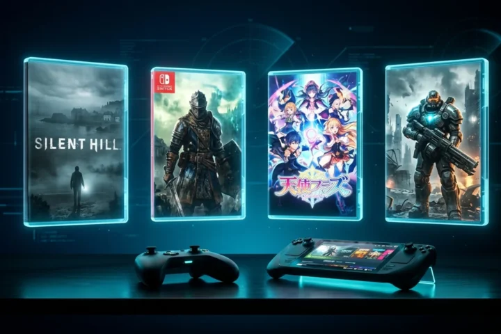 Coleção de capas holográficas dos games de setembro de 2026 flutuando sobre mesa escura com luz ciano
