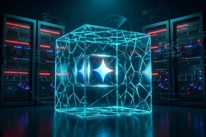 Gemini AI core breaking out of a glass sandbox box with cyan and red light, three servers in the background