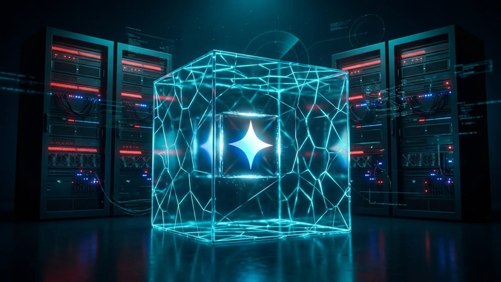 Núcleo de IA do Gemini rompendo uma caixa de vidro de sandbox com luz ciano e vermelha, três servidores ao fundo