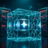Núcleo de IA do Gemini rompendo uma caixa de vidro de sandbox com luz ciano e vermelha, três servidores ao fundo