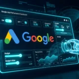 Painel do Google Ads com gráficos ciano e o rótulo AI Max em destaque sobre fundo escuro