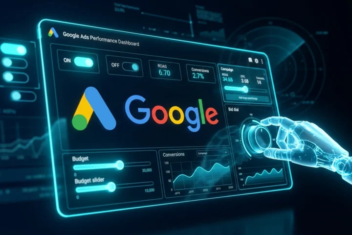 Painel do Google Ads com gráficos ciano e o rótulo AI Max em destaque sobre fundo escuro