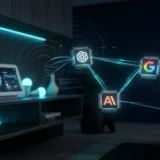 Sala com Nest Hub e lâmpadas inteligentes acionadas por um assistente de IA, com linhas de dados ciano