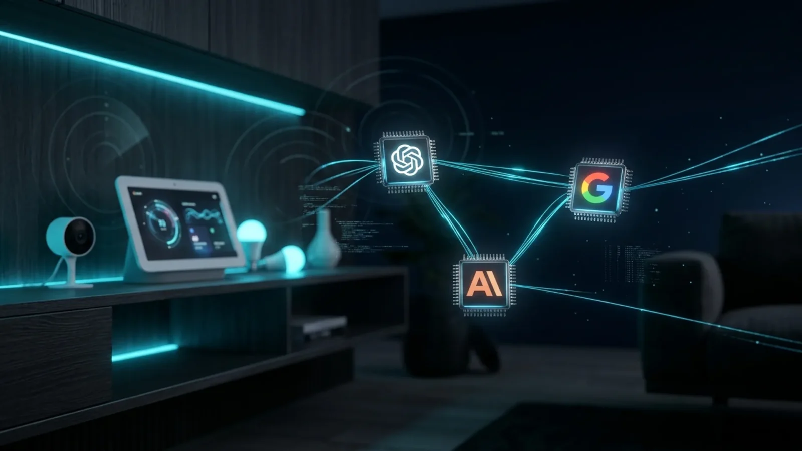 Living room with a Nest Hub and smart lights triggered by an AI assistant, with cyan data lines