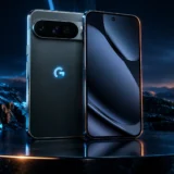 Smartphone Google Pixel 10 Pro em pedestal escuro com barra horizontal de câmeras e logo G