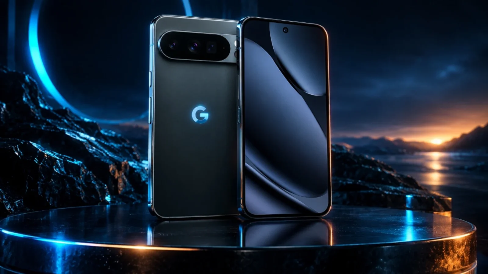 Google Pixel 10 Pro smartphone on dark pedestal with metallic camera visor and glowing G logo