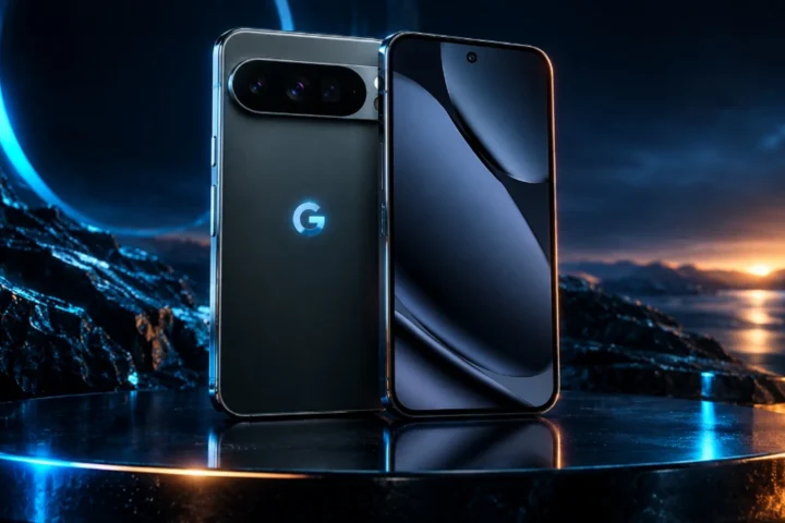 Google Pixel 10 Pro smartphone on dark pedestal with metallic camera visor and glowing G logo