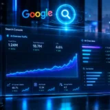 Futuristic Google Search Console analytics dashboard displaying AI Overview traffic growth metrics