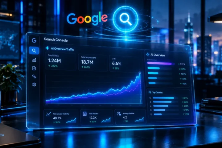 Futuristic Google Search Console analytics dashboard displaying AI Overview traffic growth metrics