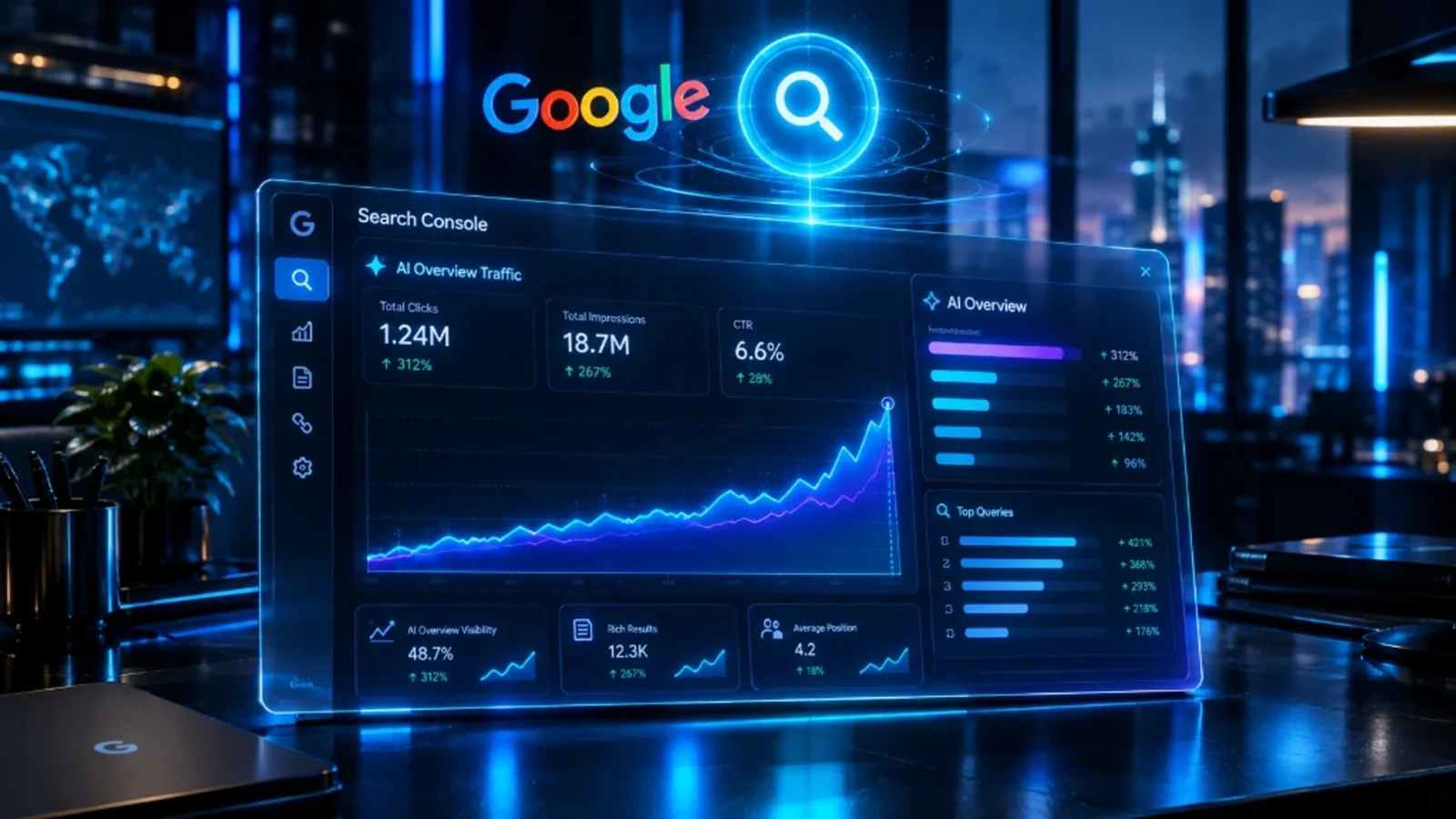 Dashboard futurista do Google Search Console exibindo métricas de crescimento do AI Overviews