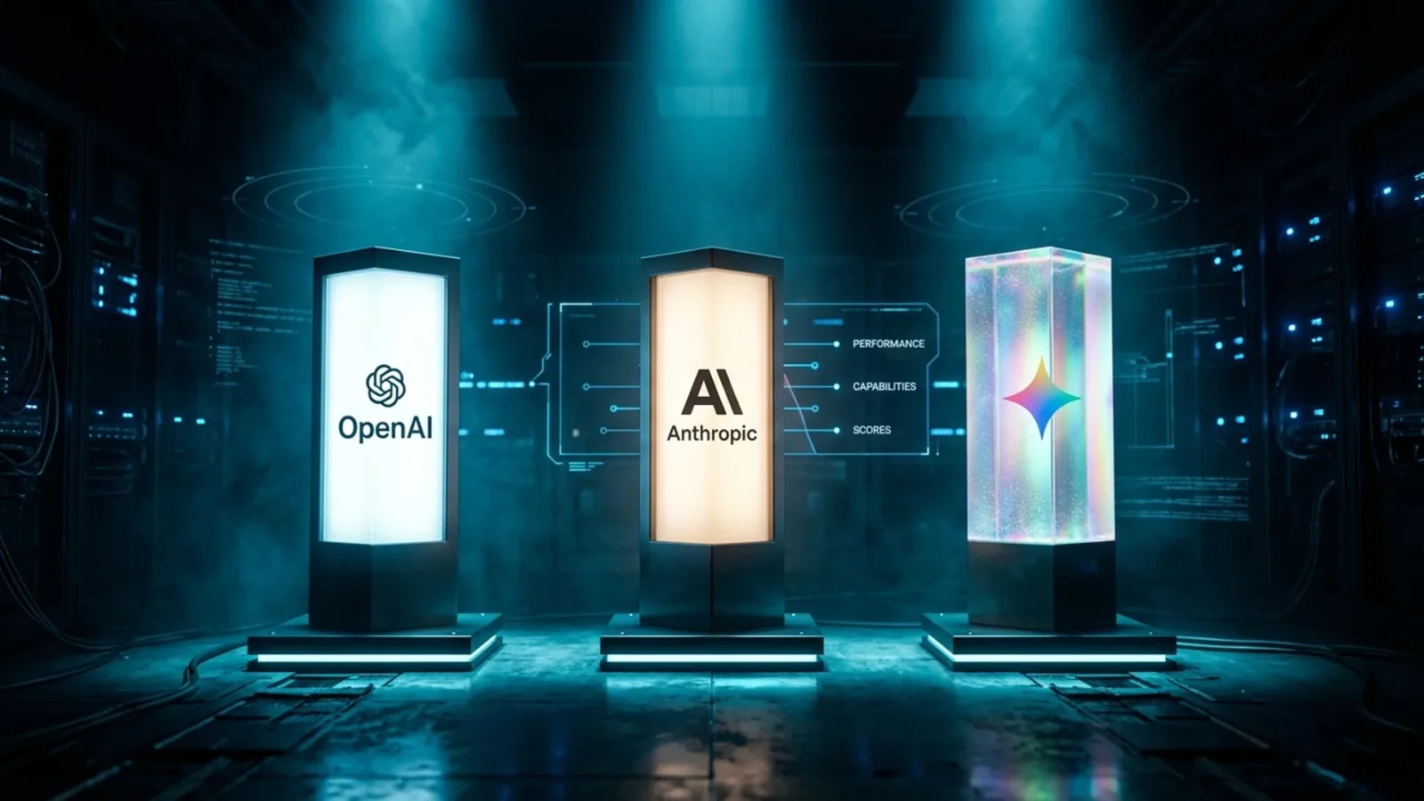 Three AI cores side by side with cyan holographic labels, representing GPT-6 Astra, Claude Fable 5.1 and Gemini 3.8 Flash