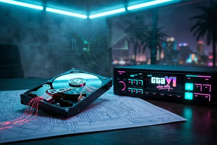 Open hard drive with data leaking in red light over a Liberty City map and a neon car radio with the GTA VI logo