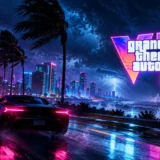 Coastal highway in Vice City during a violent tropical hurricane with bent palm trees and glowing GTA VI logo in torrential rain