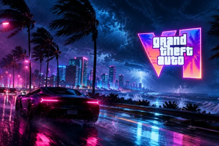 Coastal highway in Vice City during a violent tropical hurricane with bent palm trees and glowing GTA VI logo in torrential rain