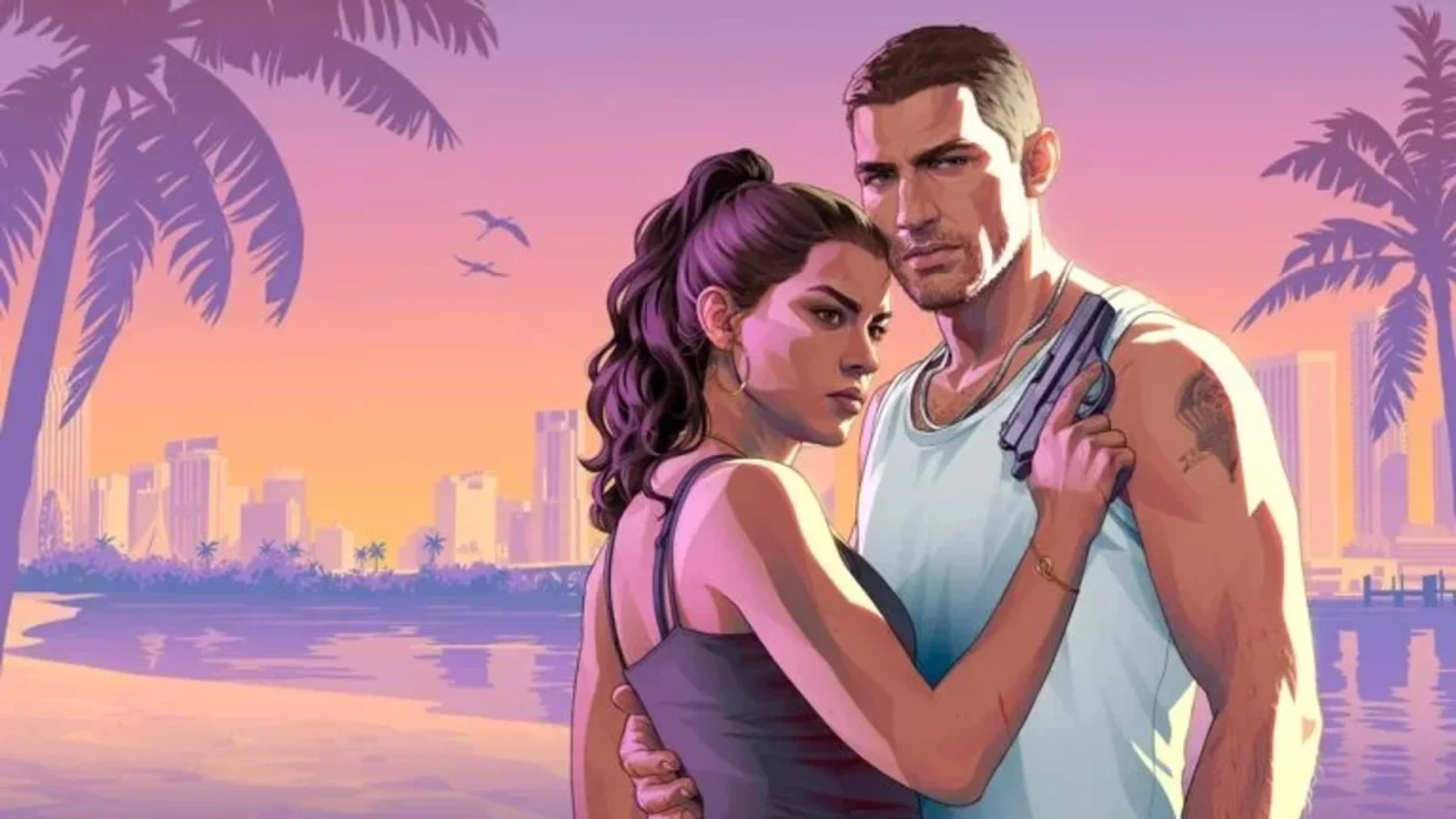 Sala escura com TV exibindo Vice City de GTA 6 e o logo da Netflix refletido na tela, luz neon ciano e rosa