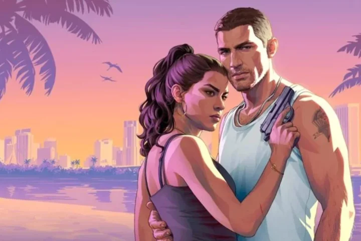 Sala escura com TV exibindo Vice City de GTA 6 e o logo da Netflix refletido na tela, luz neon ciano e rosa