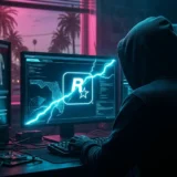 Hacker silhouette in front of screens showing the leaked Leonida map and code, in cyan and red light
