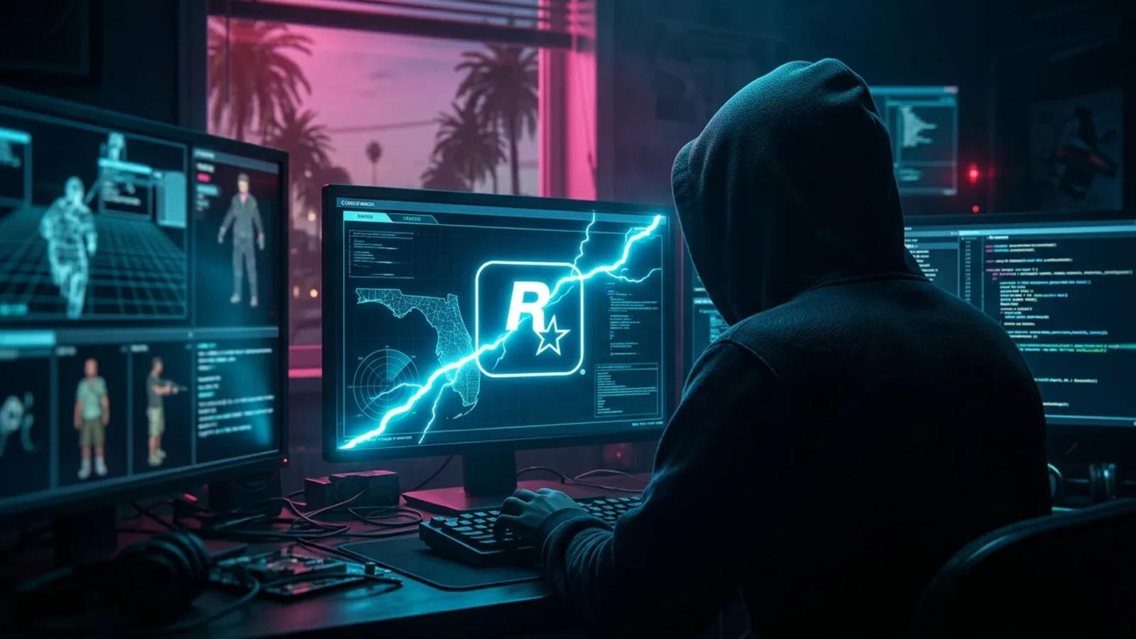 Silhueta de hacker diante de telas com o mapa vazado de Leonida e código, em luz ciano e vermelha