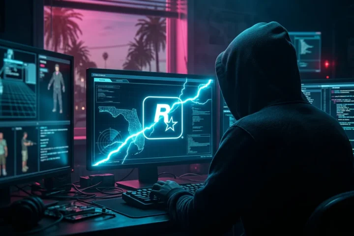 Silhueta de hacker diante de telas com o mapa vazado de Leonida e código, em luz ciano e vermelha