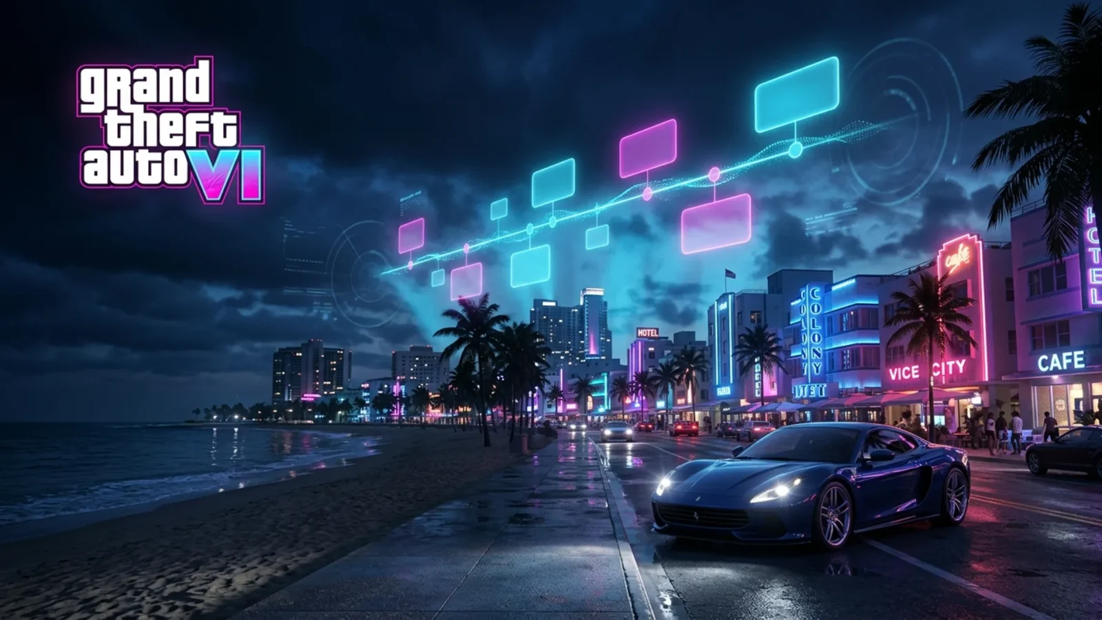 Linha do tempo holográfica de GTA 6 sobre Vice City ao entardecer, com luzes neon ciano e rosa