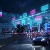 Linha do tempo holográfica de GTA 6 sobre Vice City ao entardecer, com luzes neon ciano e rosa