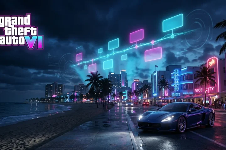 Linha do tempo holográfica de GTA 6 sobre Vice City ao entardecer, com luzes neon ciano e rosa
