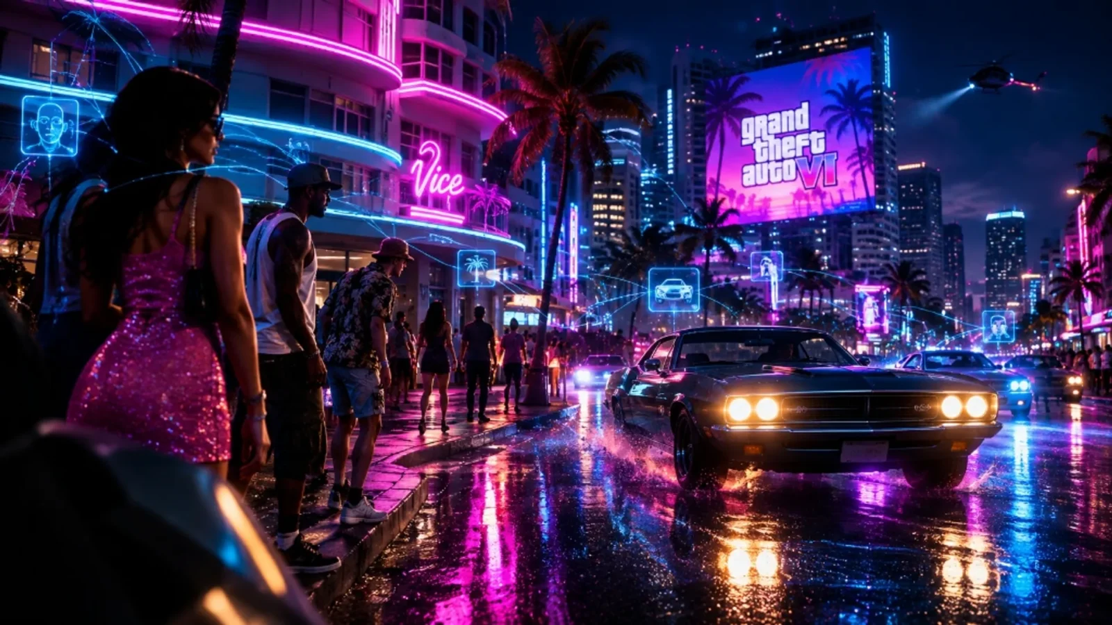 Vibrant neon-drenched Vice City street corner at night in GTA 6 with pedestrians and classic muscle car