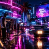 Vibrant neon-drenched Vice City street corner at night in GTA 6 with pedestrians and classic muscle car