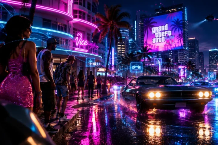 Vibrant neon-drenched Vice City street corner at night in GTA 6 with pedestrians and classic muscle car