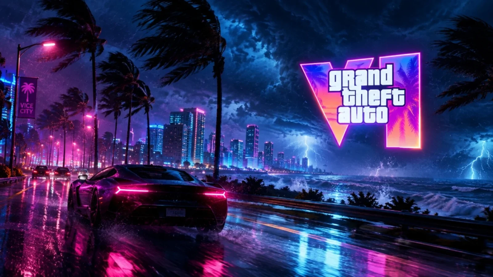 Estrada costeira em Vice City durante violento furacão tropical com palmeiras curvadas e logo de GTA VI brilhando na chuva