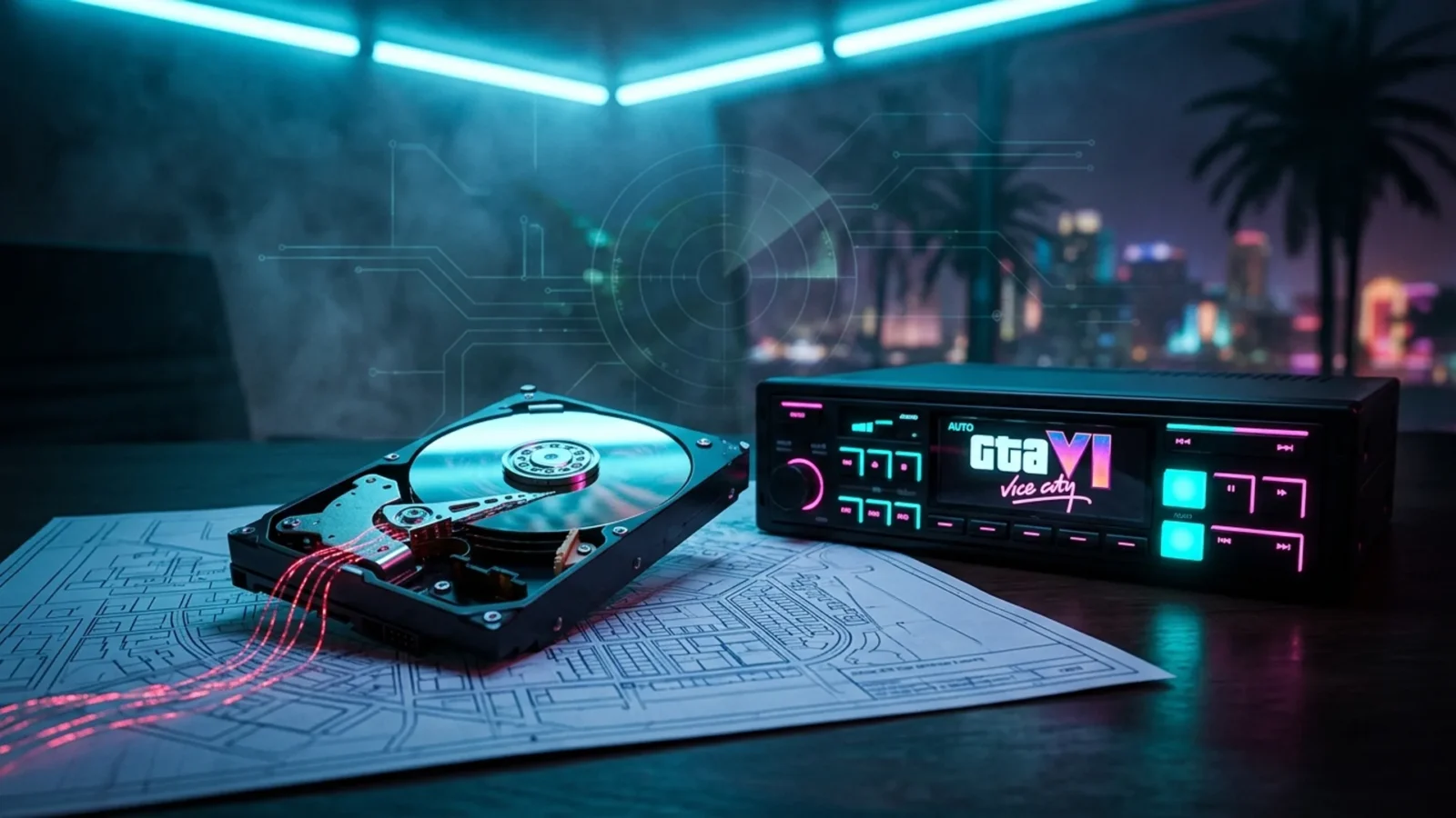 Disco rígido aberto com dados vazando em luz vermelha sobre um mapa de Liberty City e um rádio de carro neon com o logo de GTA VI
