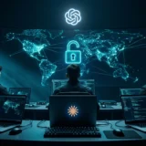 Três silhuetas diante de telas com código e a logo da OpenAI, uma trava se abrindo em luz ciano