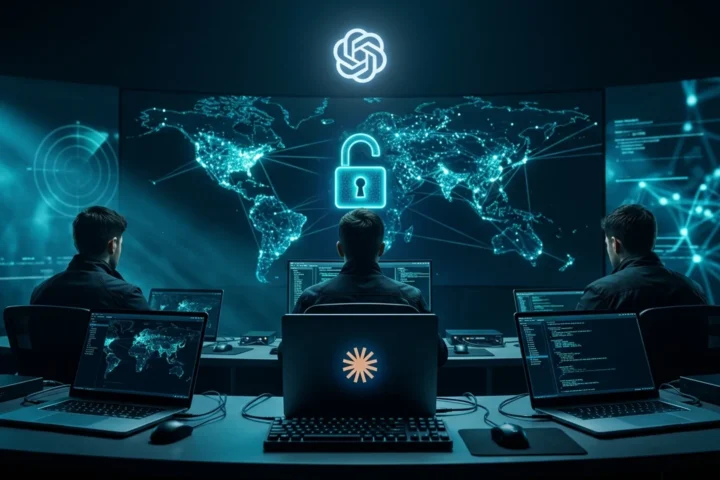 Três silhuetas diante de telas com código e a logo da OpenAI, uma trava se abrindo em luz ciano
