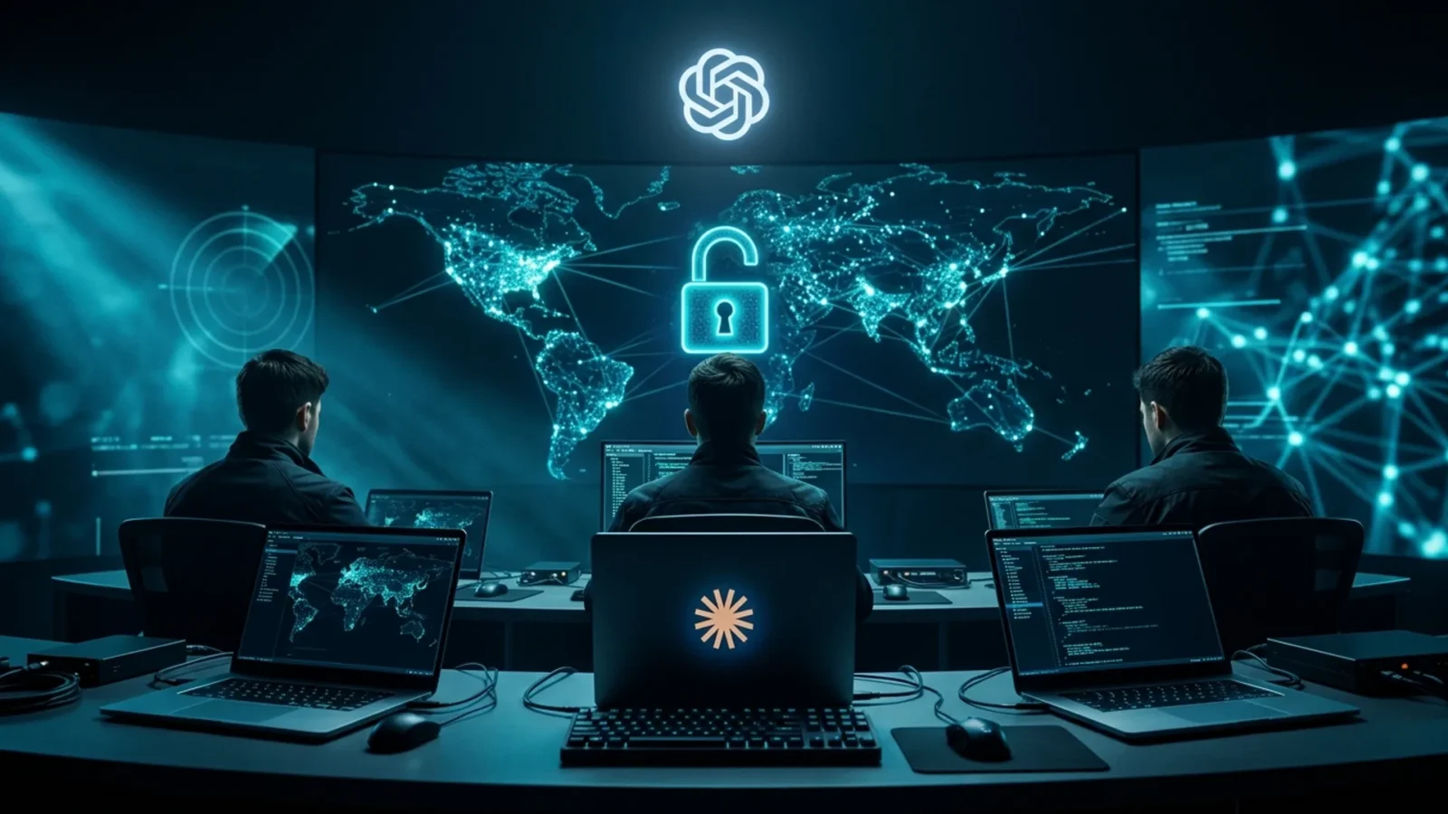 Three silhouettes in front of screens with code and the OpenAI logo, a lock opening in cyan light