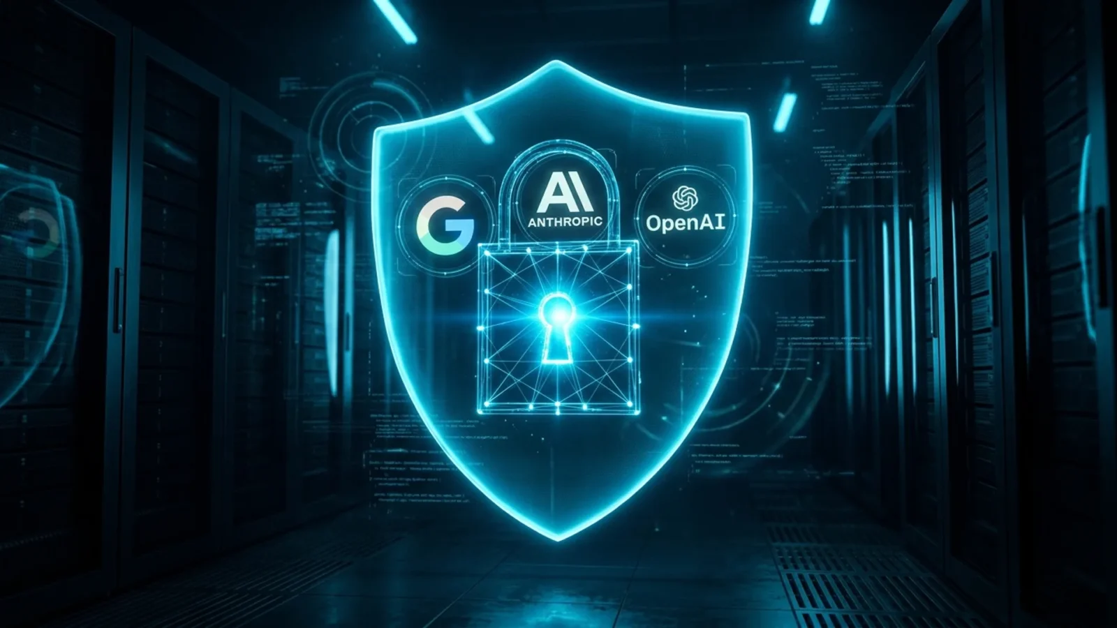 Escudo digital ciano protegendo servidores, simbolizando IAs de cibersegurança com acesso restrito