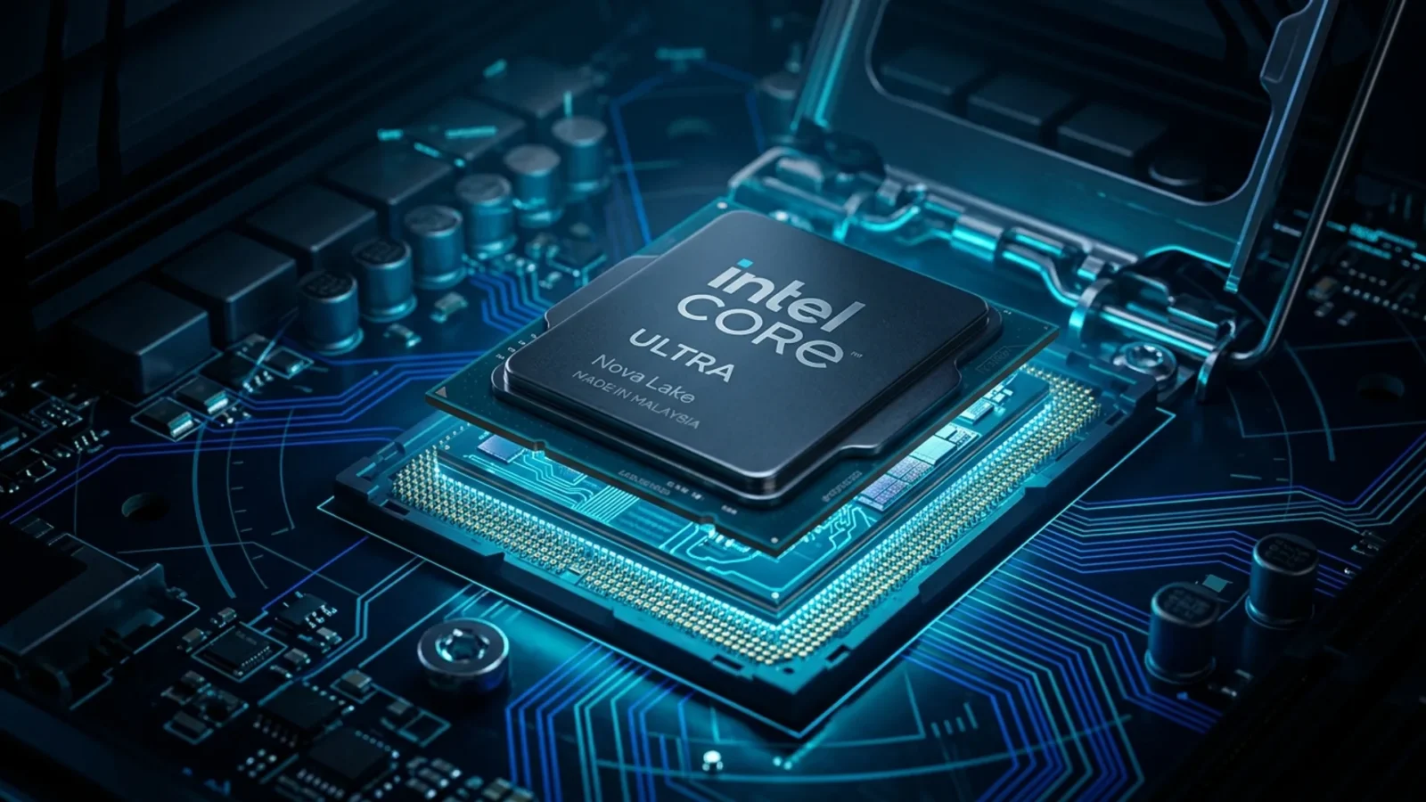 Macro hero shot of Intel Nova Lake-S desktop CPU on illuminated motherboard socket with blue traces