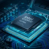 Close-up macro do processador Intel Nova Lake-S em soquete iluminado com traços de circuitos ciano