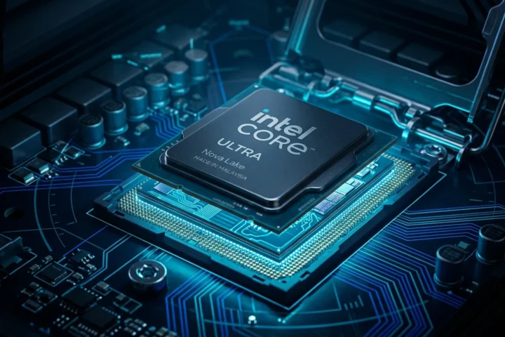 Close-up macro do processador Intel Nova Lake-S em soquete iluminado com traços de circuitos ciano