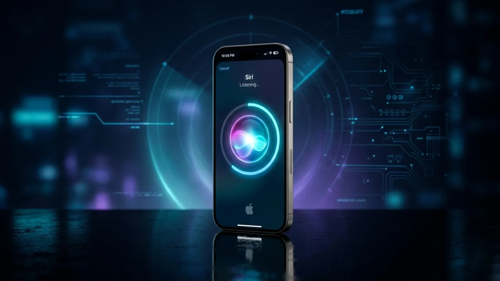 iPhone com a interface do iOS 27 e a nova Siri brilhando em ciano sobre fundo escuro