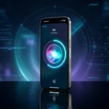 iPhone com a interface do iOS 27 e a nova Siri brilhando em ciano sobre fundo escuro