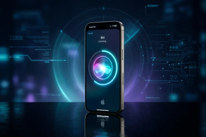 iPhone com a interface do iOS 27 e a nova Siri brilhando em ciano sobre fundo escuro