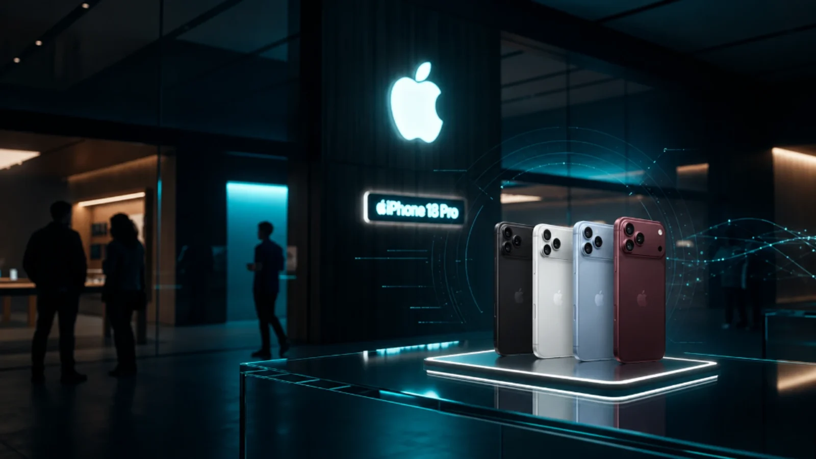 iPhone 18 Pro em vitrine de Apple Store sob luz ciano, no dia de lançamento nas lojas