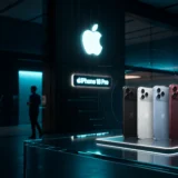 iPhone 18 Pro em vitrine de Apple Store sob luz ciano, no dia de lançamento nas lojas