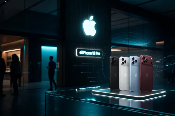iPhone 18 Pro em vitrine de Apple Store sob luz ciano, no dia de lançamento nas lojas