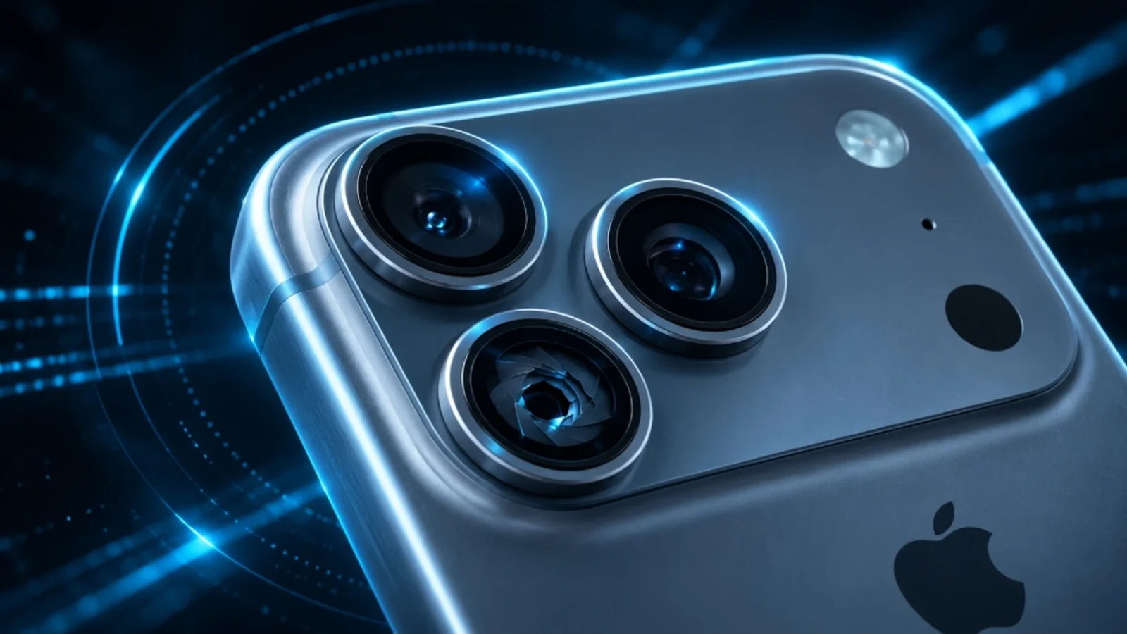 iPhone 18 Pro na cor Glacier com destaque para o módulo de câmera de abertura variável sob luz ciano