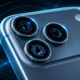 iPhone 18 Pro na cor Glacier com destaque para o módulo de câmera de abertura variável sob luz ciano