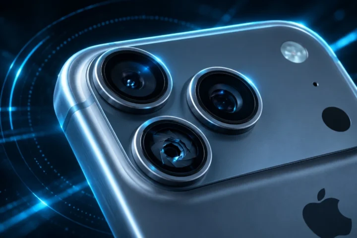 iPhone 18 Pro na cor Glacier com destaque para o módulo de câmera de abertura variável sob luz ciano
