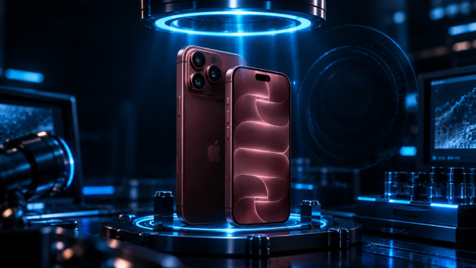 iPhone 18 Pro em bancada de testes com medidores holográficos ciano, ilustrando os primeiros reviews