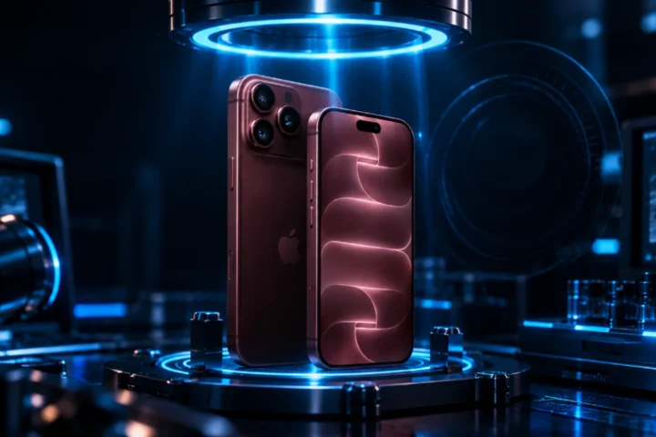iPhone 18 Pro em bancada de testes com medidores holográficos ciano, ilustrando os primeiros reviews